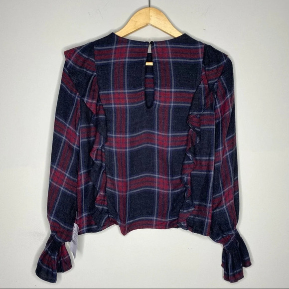 ✨NWT Zara Gray Red Plaid Flannel Long Sleeve Ruffle Trim Blouse Top Size XS - Picture 9 of 11